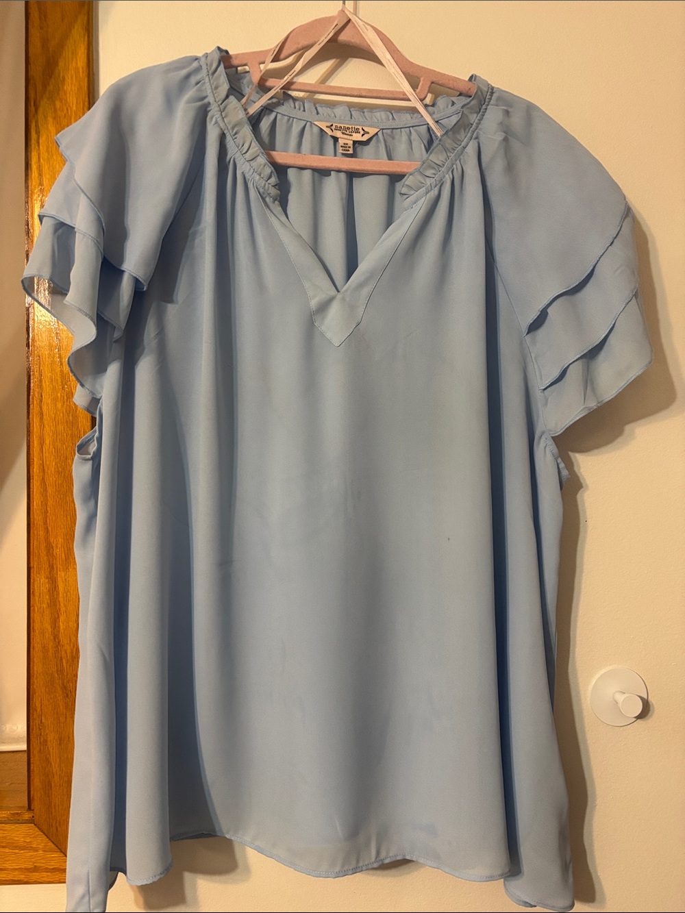 Nanette Lepore Light Blue V-Neck Flutter Sleeve Blouse